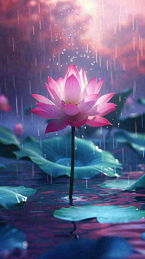 夏天下雨池塘里盛开的荷花特写，立夏，夏至