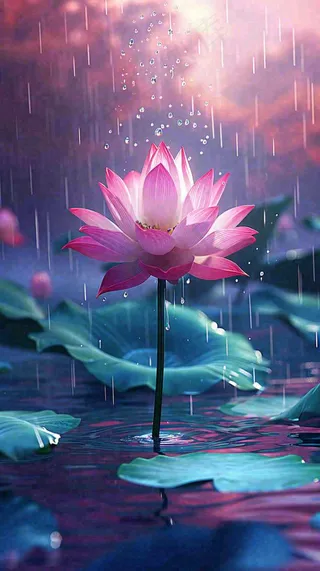 夏天下雨池塘里盛开的荷花特写，立夏，夏至