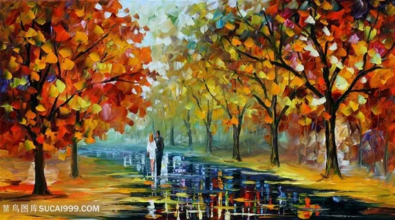 水彩树林湖畔美景油画 水彩树林湖畔美景油画