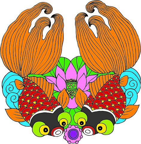 中国吉祥图免扣金鱼手绘