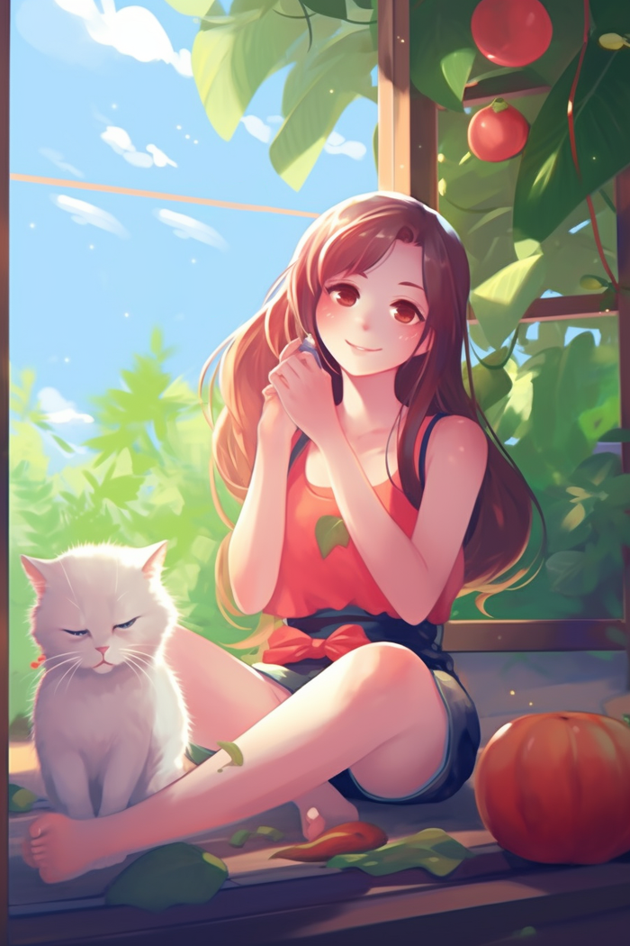 美丽少女坐着窗边和猫咪玩耍水果卡通插画素材背景