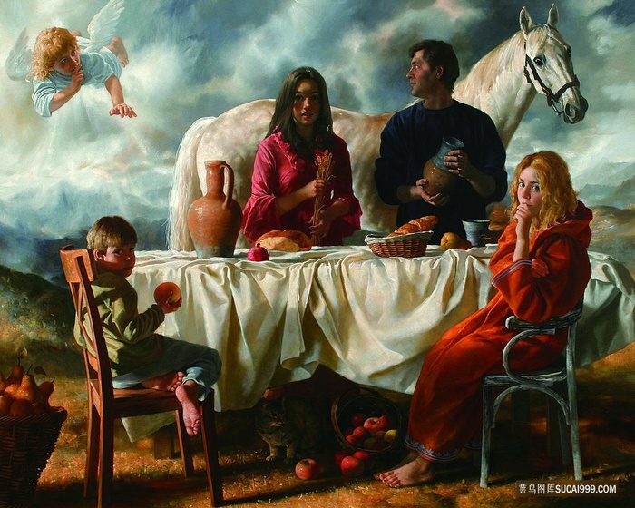 唯美骏马家人郊外聚餐油画