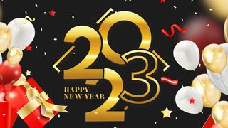 气球礼盒2023年新年快乐黑金背景