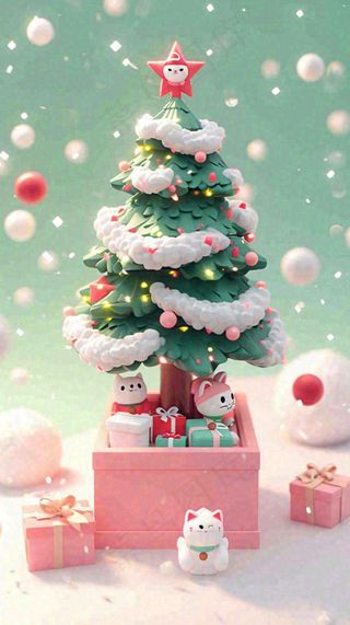 冬天圣诞树有小猫可爱，雪球雪花圣诞节