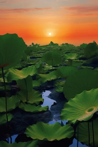 傍晚荷叶河边意境背景