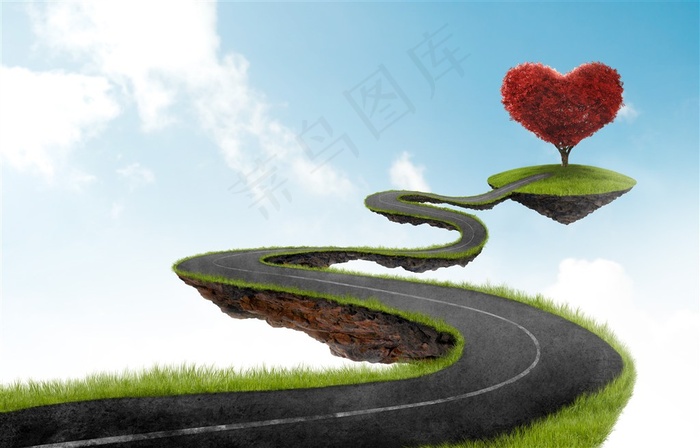 天空中的公路和红色心形大树高清图片