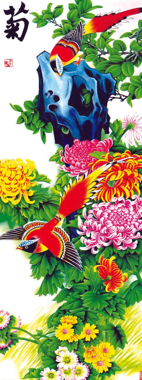 菊花鸟中式国画
