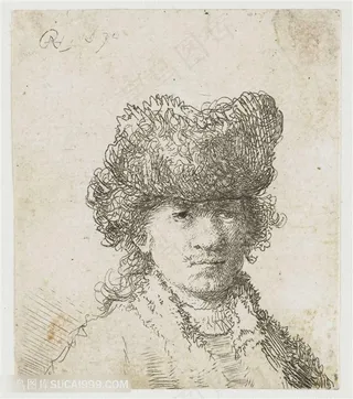 伦勃朗素描线稿男士戴帽子装饰画