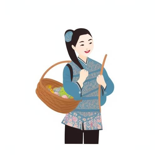 一个身穿民族服装手里拿着篮筐的女孩插画png免抠