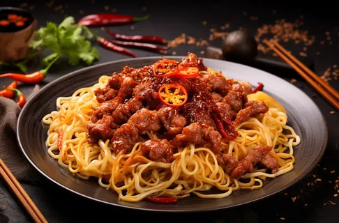 红油辣椒肉拌面美食摄影图 红油辣椒肉拌面美食摄影图