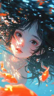 阳光水底光照游泳长发美人，鱼类金鱼，水气泡