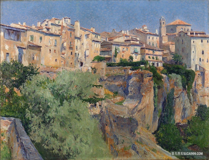 山崖农房高清油画风景画