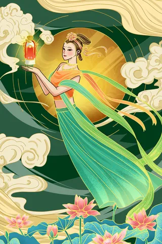 复古中国风国潮神话人物敦煌插画仙女手绘海报背景PSD设计素材