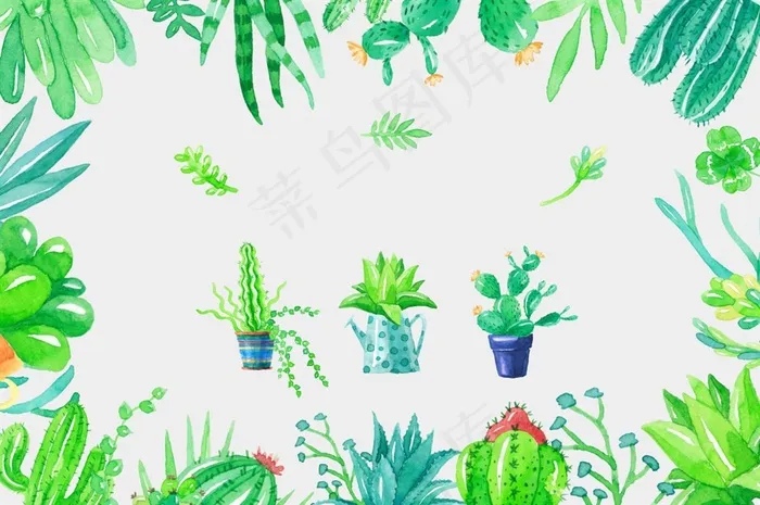 清新绿色手绘水彩风多肉植物仙人球