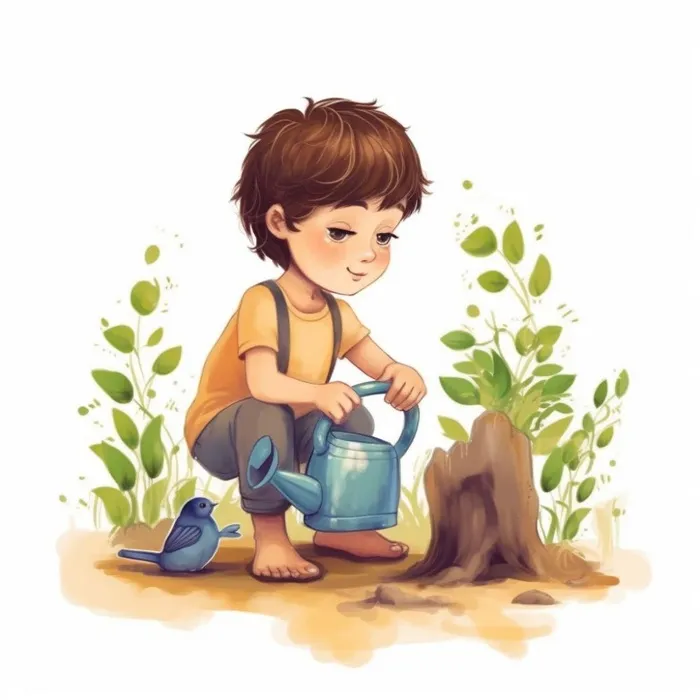 春夏小男孩在给绿植植物浇水插画海报素材背景(1024x1024)