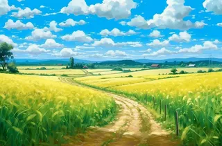 蓝天下的稻田黄色的稻谷插画背景