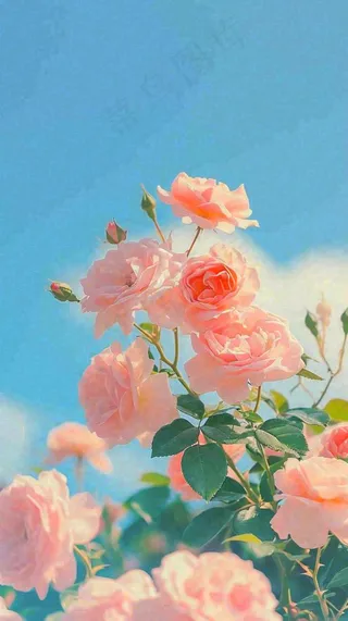 春天蓝天白云阳光下的浪漫粉色玫瑰枝叶绿叶