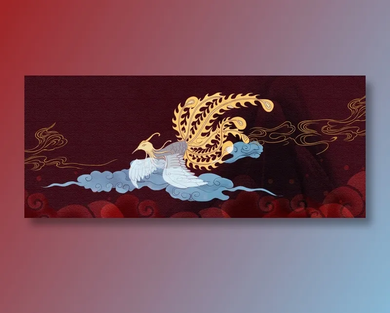 手绘凤凰祥云国潮风展板背景(1920x800)psd模版下载