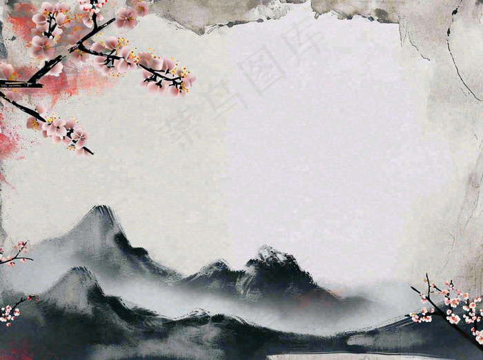 中国风水墨山水画，山脉枝叶花朵手绘插画(1264x944)