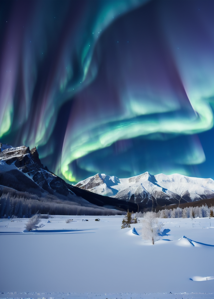 北极极光雪花星空梦幻风景插画