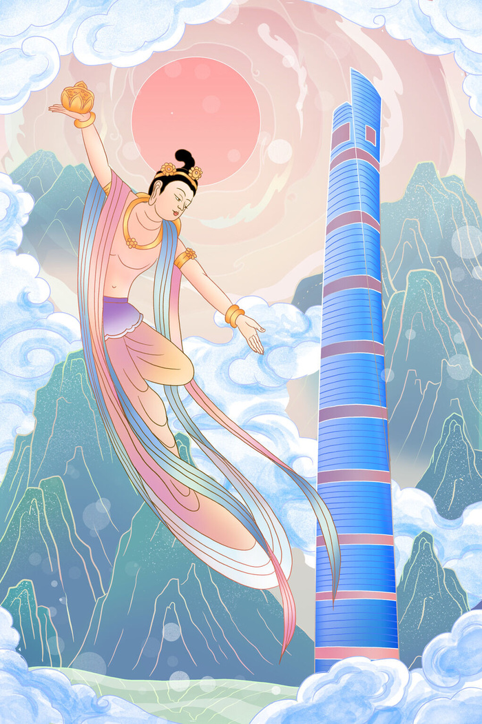 复古中国风国潮神话人物敦煌插画仙女手绘海报背景PSD设计素材