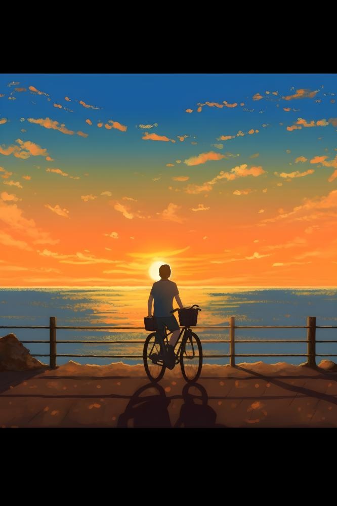 夕阳下骑自行车海边背景