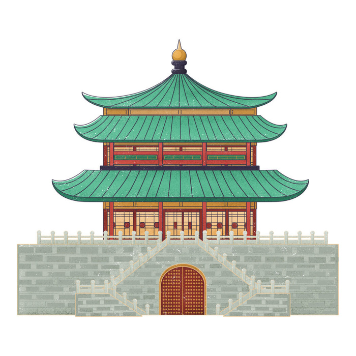 复古中国风国潮古建筑插画手绘高楼古塔PSD素材亭子png免抠图
