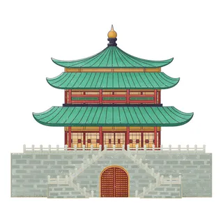 复古中国风国潮古建筑插画手绘高楼古塔PSD素材亭子png免抠图