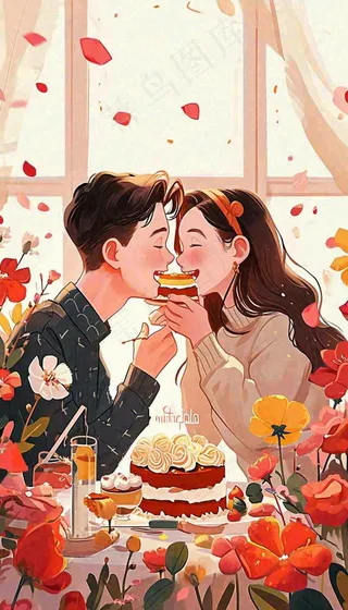 情人节情侣浪漫圣诞节日温馨生日会，插画手绘，居家餐厅美食