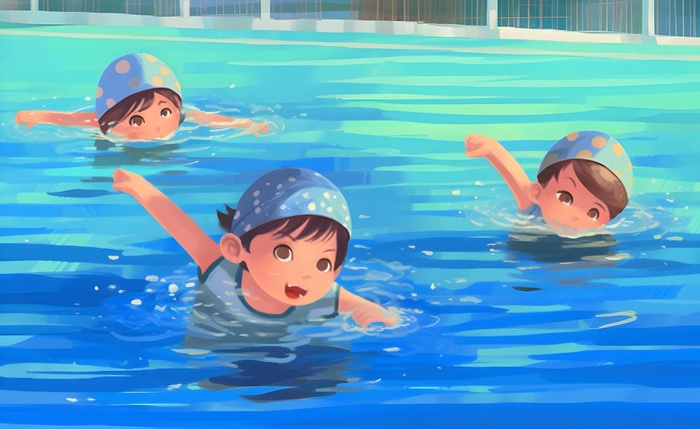 游泳池游泳儿童学生们玩乐蓝色卡通插画背景