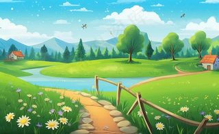 乡村村庄美丽风景河流插画农田插画背景