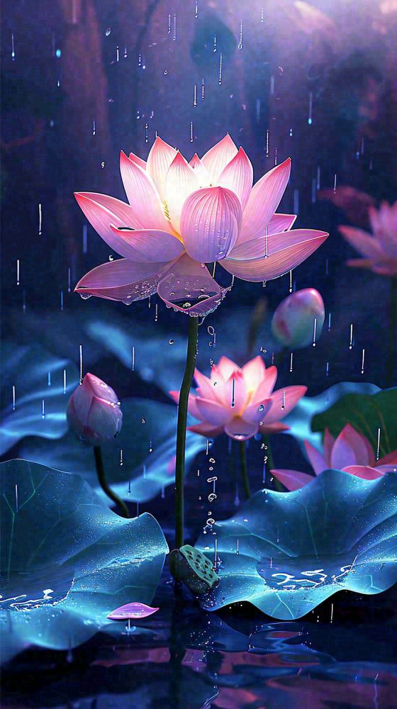 夏天下雨池塘里盛开的荷花特写，立夏，夏至