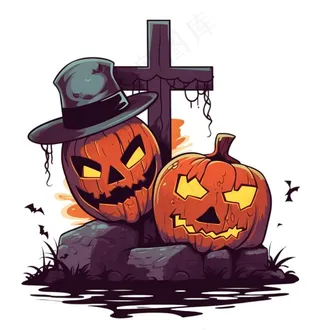 十字架坟墓南瓜怪物蝙蝠恐怖卡通插画免抠
