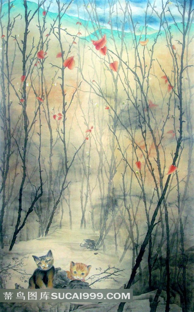 水墨猫咪风景绘画