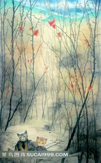 水墨猫咪风景绘画