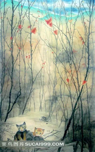 水墨猫咪风景绘画