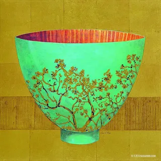 蓝色发财树碗复古插画