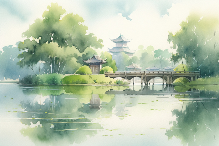 杭州西湖风景水彩凉亭流水树木远景插画