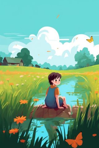 绿色清新草地人物插画