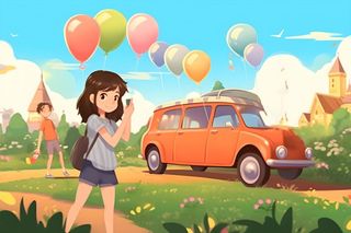 开车旅游草原花草人物卡通插画背景