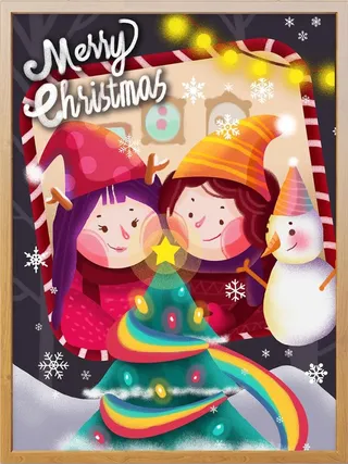 圣诞节插画两个小孩许愿