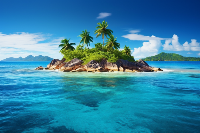 夏日海中小岛椰树清透的海水摄影图