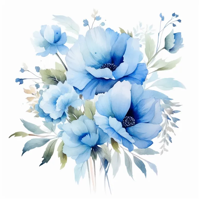 蓝色花朵叶子水彩画插画素材 (x)