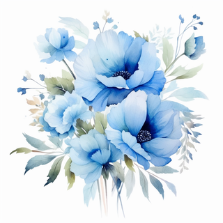 蓝色花朵叶子水彩画插画素材 