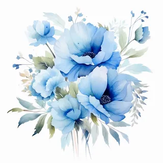 蓝色花朵叶子水彩画插画素材 