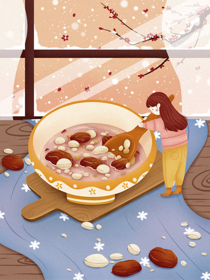 中国传统节日手绘卡通腊八节腊八粥插画海报PSD格式设计素材