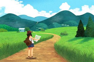 旅行的意义看地图蓝天绿草青山乡村插画