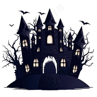 万圣节城堡枯树蝙蝠恐怖插画免抠