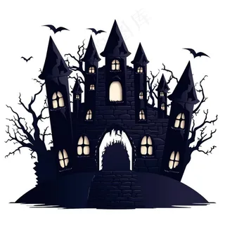 万圣节城堡枯树蝙蝠恐怖插画免抠