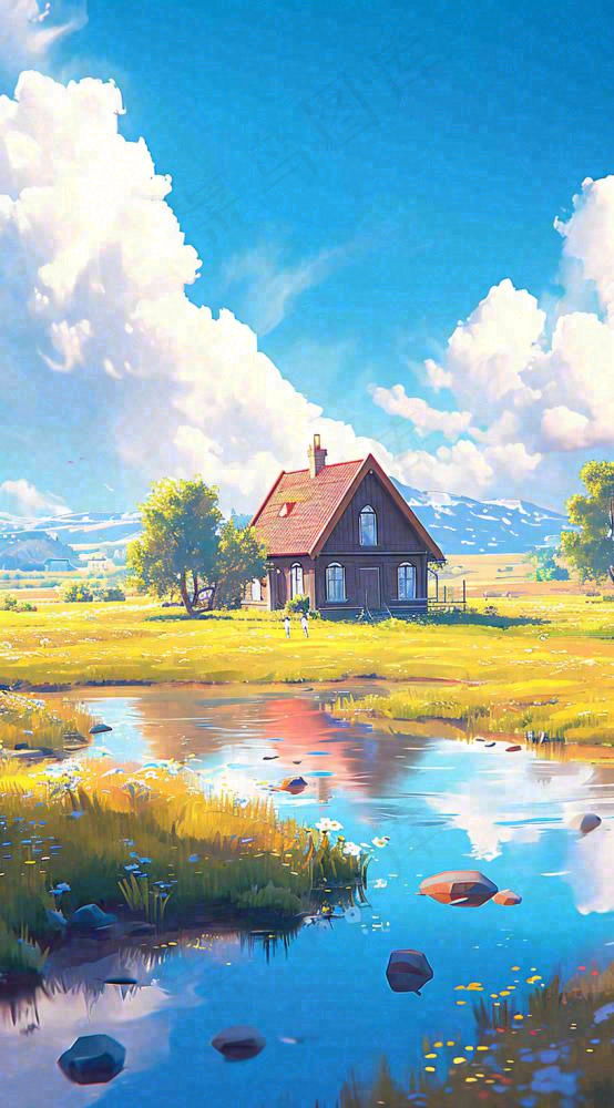 蓝天草坪上小屋房子在河流旁，河面倒影(816x1472)